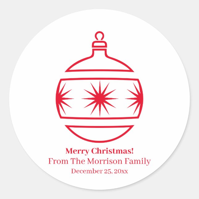 Christmas ball red white custom name date cute classic round sticker (Front)