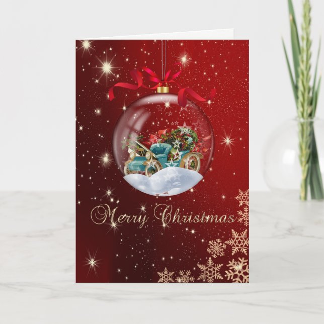 Christmas Ball Retro Car Snowflakes Holiday Card (Front)