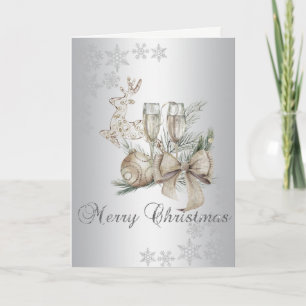 Christmas Ball,Wine Glass,Reindeer,Bow Silver Holiday Card