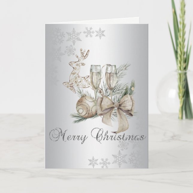  Christmas Ball,Wine Glass,Reindeer,Bow Silver Holiday Card (Front)
