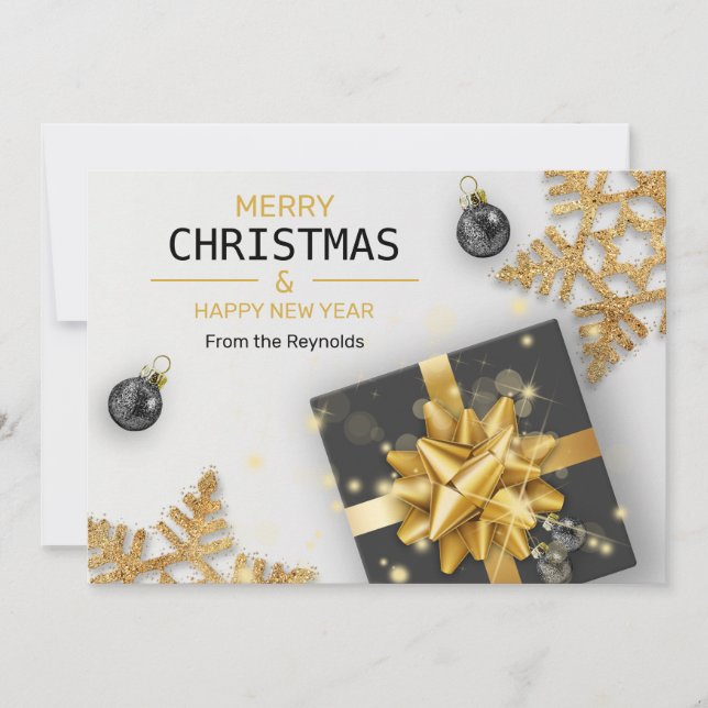 Christmas Balls Black Gift Box Gold Snowflakes Holiday Card (Front)