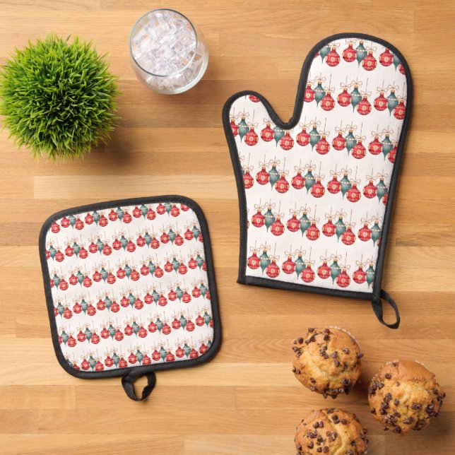 Christmas Balls Blue Red Oven Mitt & Pot Holder Set (Top Down)