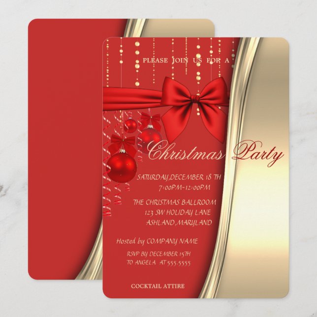 Christmas Balls,Bow, Red , Gold Corporated Party Invitation (Front/Back)