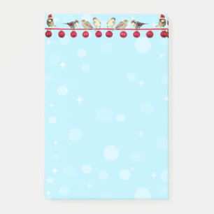 Christmas balls & carol birds on sky blue post-it notes