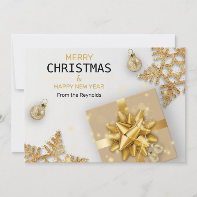 Christmas Balls Gold Gift Box Gold Snowflakes Holiday Card (Front)