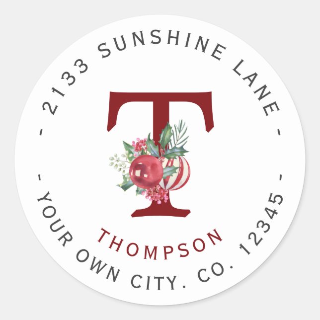 Christmas Balls Holidays Monogram Return Address Classic Round Sticker (Front)