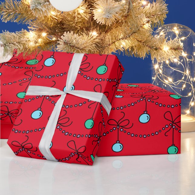 Christmas Balls Light String Pattern on Red Wrapping Paper (Holidays)