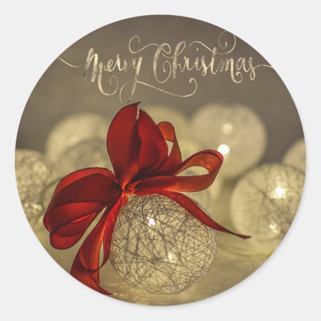 Christmas Balls, Red Bow, String Lights Classic Round Sticker (Front)