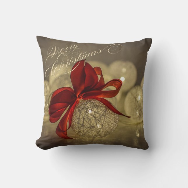Christmas Balls, Red Bow,String Lights Throw Pillow (Front)