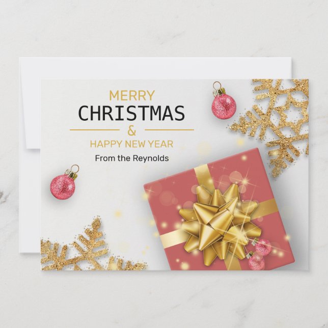 Christmas Balls Red Gift Box Gold Snowflakes Holiday Card (Front)