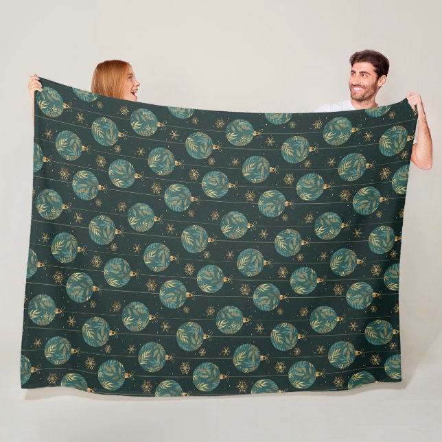 Christmas Balls Snowflakes Gold Foliage Leaves Fleece Blanket (In Situ)