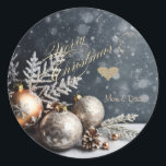 Christmas balls,Snowflakes,Snow,Grey Classic Round Sticker<br><div class="desc">Elegant glitter faux gold heart and Christmas balls on grey background.</div>