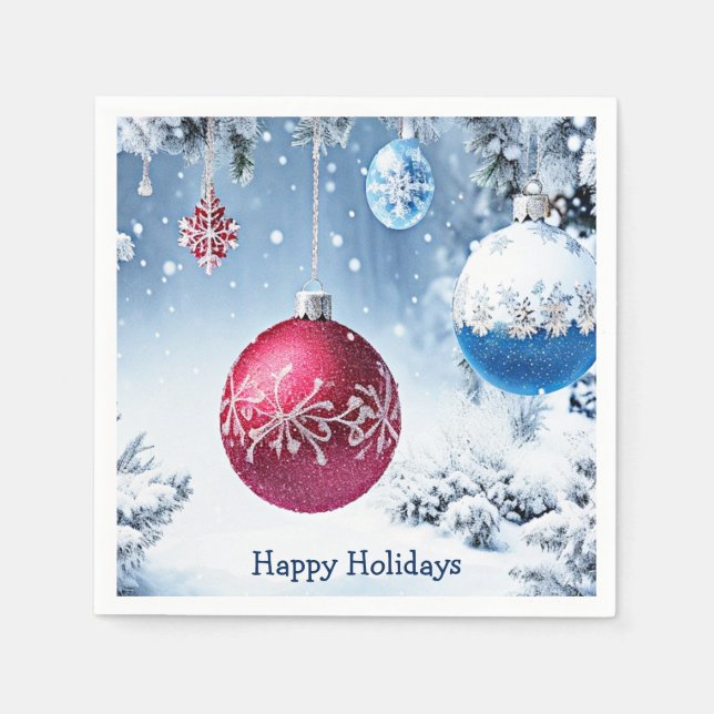 Christmas Balls Snowy Holiday Paper Napkin (Front)