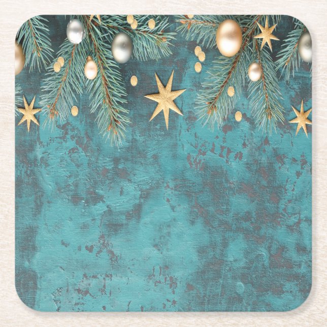Christmas Balls Stars Branches Vintage  Square Paper Coaster (Front)