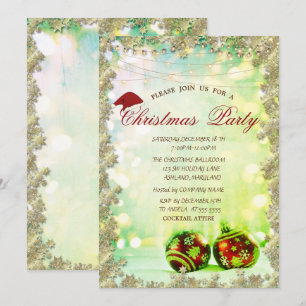  Christmas Balls,Stars Green Bokeh Company Party Invitation
