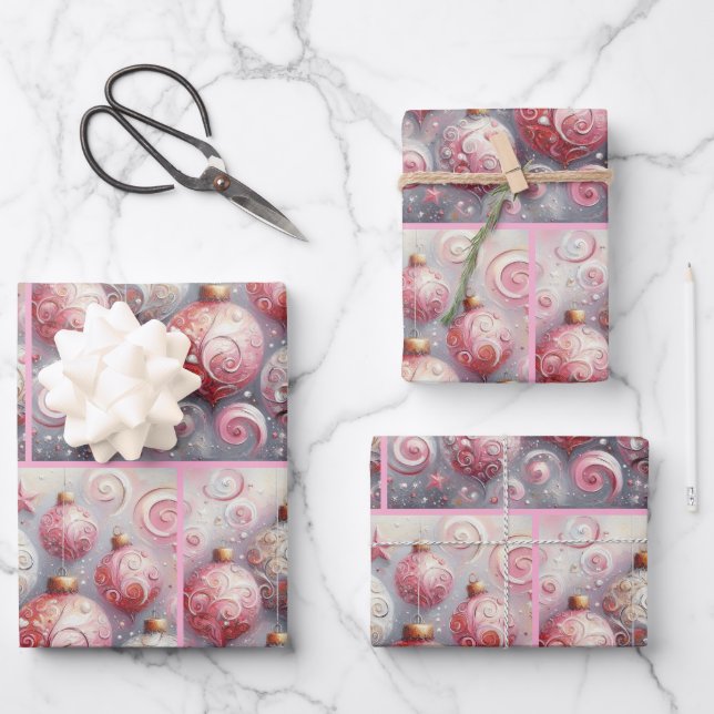 Christmas Balls Whimsical Swirls Pink Decoupage Wrapping Paper Sheet (Front)