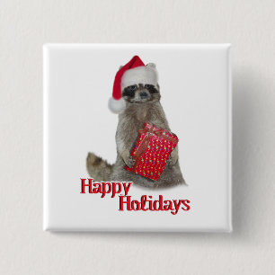 Christmas Bandit Raccoon with Present 2 Inch Square Button