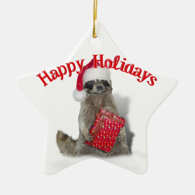 Christmas Bandit Raccoon with Present Ceramic Ornament (Front)