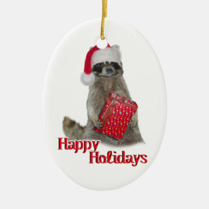 Christmas Bandit Raccoon with Present Ceramic Ornament