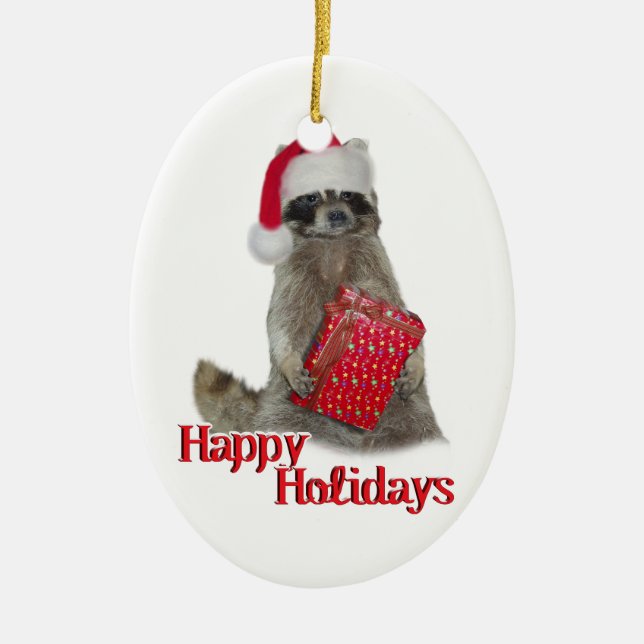 Christmas Bandit Raccoon with Present Ceramic Ornament (Front)