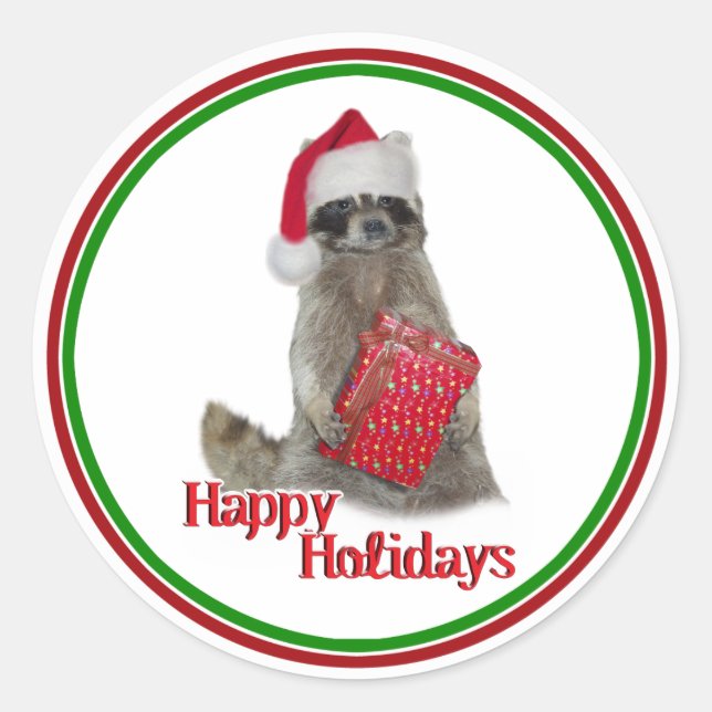 Christmas Bandit Raccoon with Present Classic Round Sticker (Front)