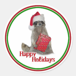 Christmas Bandit Raccoon with Present Classic Round Sticker