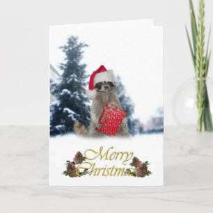 Christmas Bandit Raccoon with Present Holiday Card