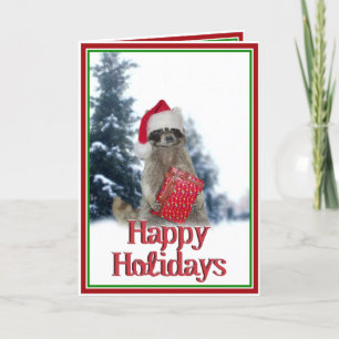 Christmas Bandit Raccoon with Present Holiday Card