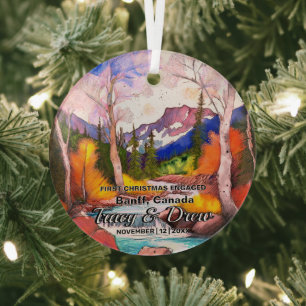 Christmas Banff Canada Maximalist Engaged Couple Glass Ornament