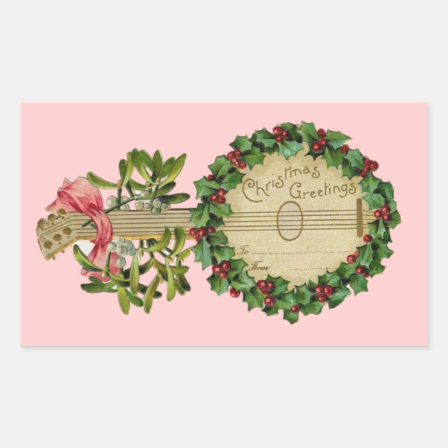 CHRISTMAS BANJO WITH MISTLETOES AND HOLLY BERRIES STICKER (Front)