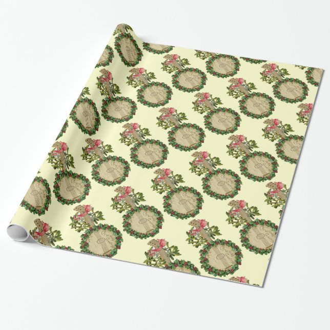 CHRISTMAS BANJO WITH MISTLETOES AND HOLLY BERRIES WRAPPING PAPER (Unrolled)