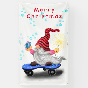 Christmas Banner Skater Gnome with Gifts