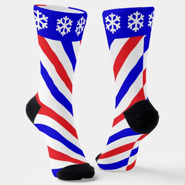 Christmas Barbershop Pole and Snowflakes Fun Socks (Angled)