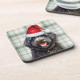 Christmas Barbet Dog Green Plaid Holiday Coaster