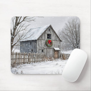 Christmas Barn In Snowflakes Mouse Pad