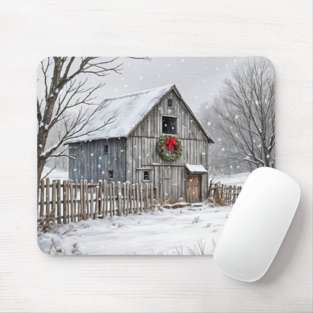 Christmas Barn In Snowflakes Mouse Pad (With Mouse)