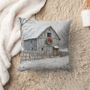 Christmas Barn In Snowflakes Throw Pillow
