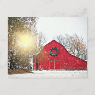 Christmas Barn w/ Sunlight Streaming Through Trees Postcard
