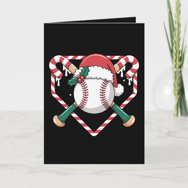 Christmas Baseball Candy Cane Bats Santa Hat Xmas Card (Front)