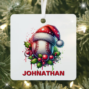 Christmas Baseball Custom Name with Santa Hat Metal Ornament