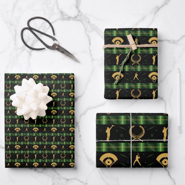 Christmas Baseball Player - Green Check Wrapping Paper Sheet (Front)