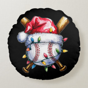 Christmas Baseball Player Santa Hat Round Pillow