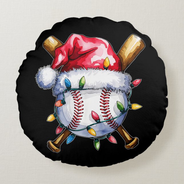 Christmas Baseball Player Santa Hat  Round Pillow (Front)