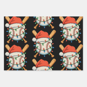 Christmas Baseball Santa Hat Xmas Lights Festive Wrapping Paper Sheet