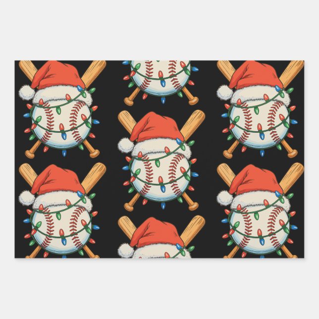 Christmas Baseball Santa Hat Xmas Lights Festive Wrapping Paper Sheet (Front)