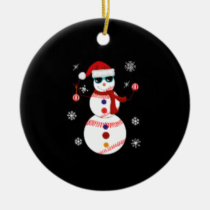 Christmas Baseball Snowman Santa Hat Gift  Ceramic Ornament