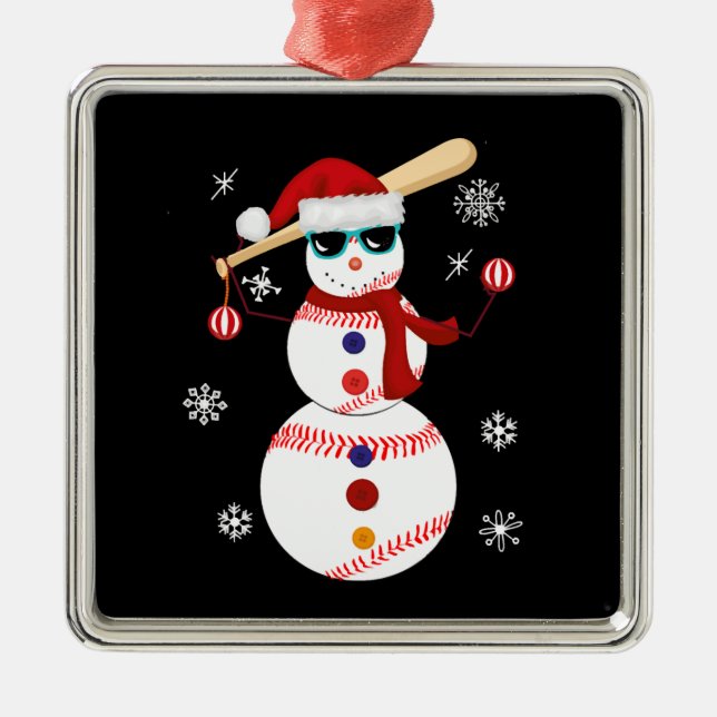Christmas Baseball Snowman Santa Hat Gift Metal Ornament (Front)