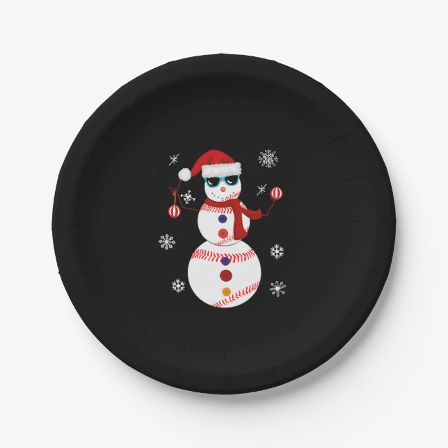 Christmas Baseball Snowman Santa Hat Gift  Paper Plate (Front)