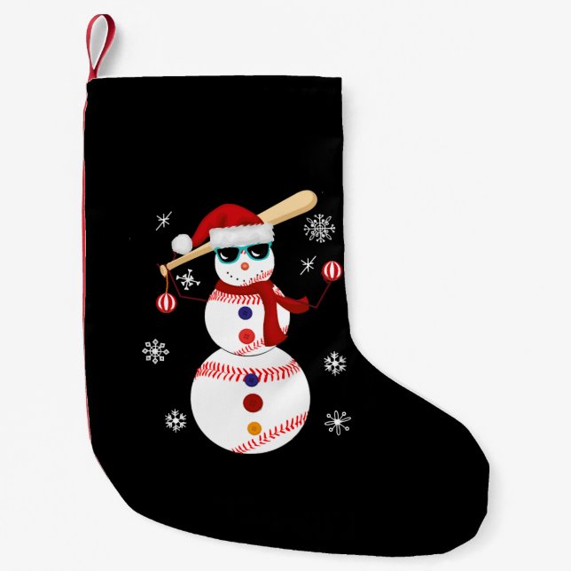 Christmas Baseball Snowman Santa Hat Gift Small Christmas Stocking (Front)