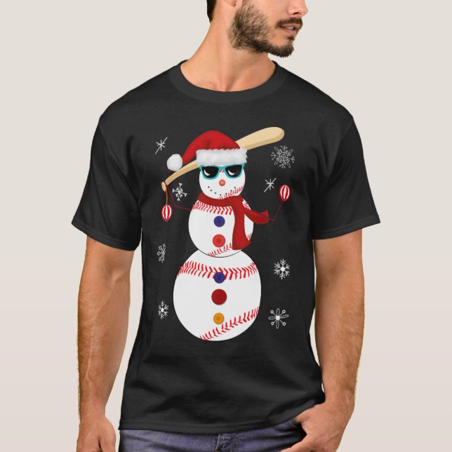 Christmas Baseball Snowman Santa Hat Gift team bas T-Shirt (Front)